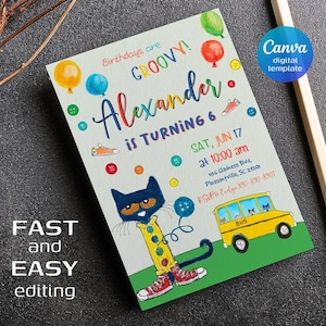 Printable Pete the Cat Birthday Invitation: Editable Canva Template (5x7)
