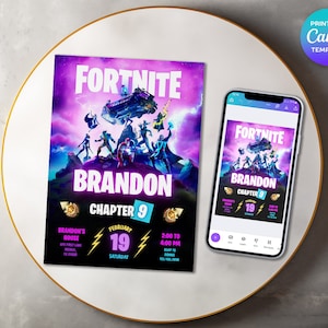 May include: A Fortnite party invitation with a purple and blue design, featuring characters and the game's logo. The invitation includes the name "Brandon", "Chapter 9", date, time, and address. A smartphone displays the same design.