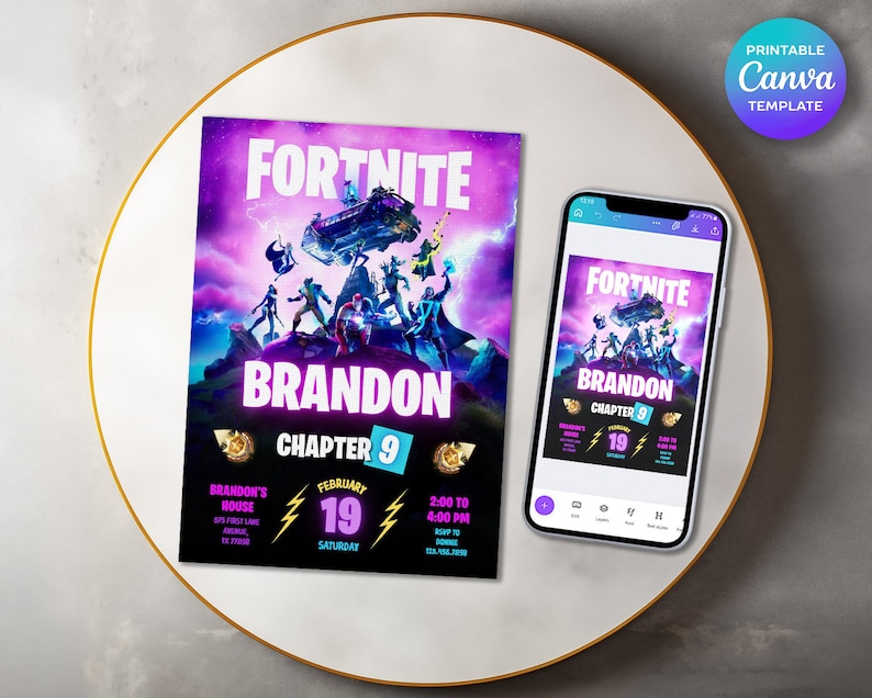 May include: A Fortnite party invitation with a purple and blue design, featuring characters and the game's logo. The invitation includes the name "Brandon", "Chapter 9", date, time, and address. A smartphone displays the same design.