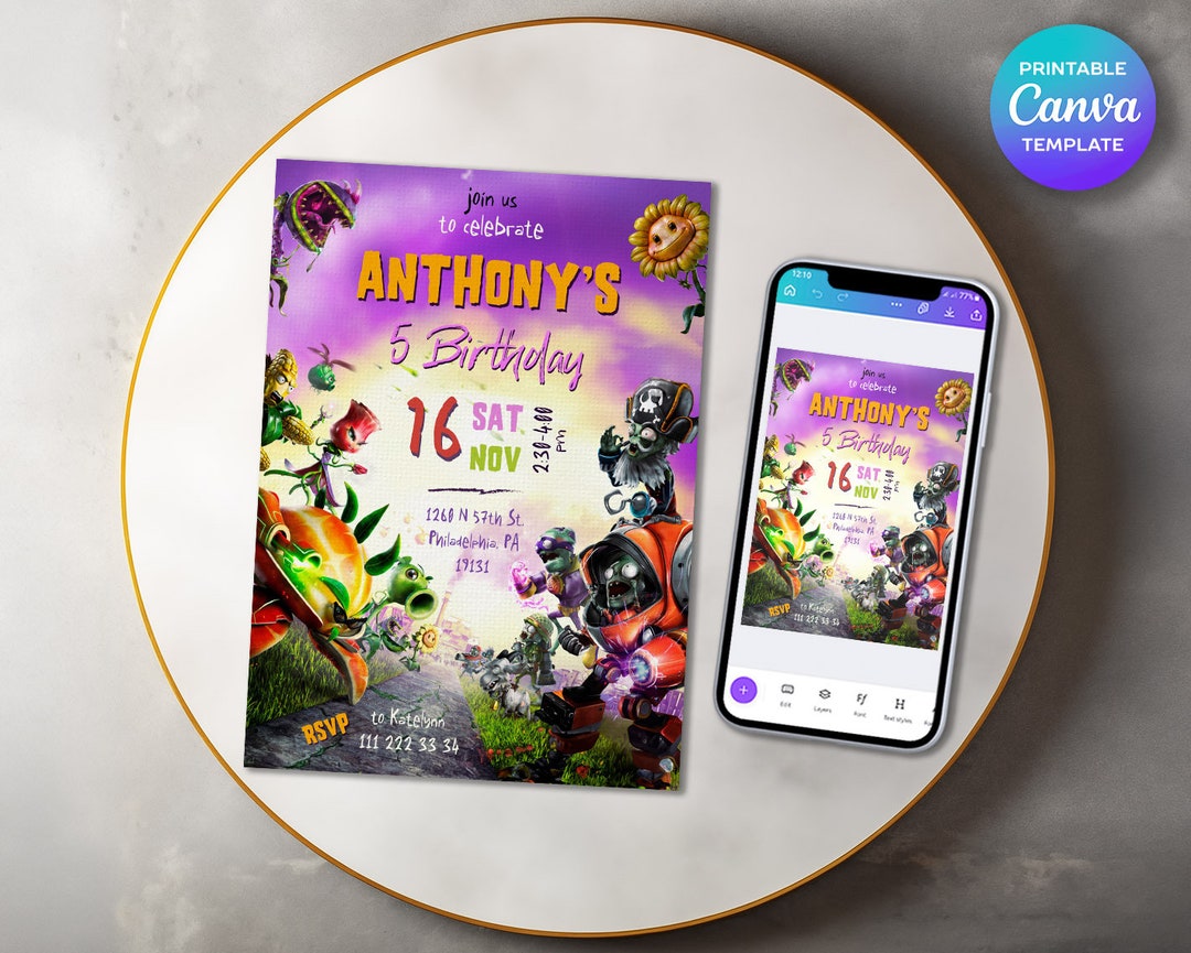 Plants Vs Zombies Birthday Invitation, Game Invite, Printable Editable ...