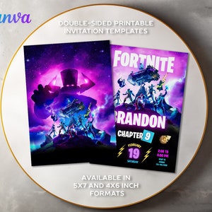 May include: Double-sided printable invitation templates with Fortnite graphics. The invitations are available in 12.7 x 17.8 cm and 10.2 x 15.2 cm formats. The text includes the name "Brandon", "Chapter 9", and the date February 19th.