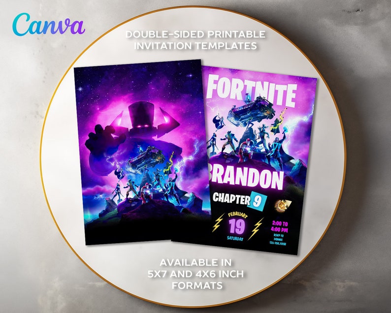 May include: Double-sided printable invitation templates with Fortnite graphics. The invitations are available in 12.7 x 17.8 cm and 10.2 x 15.2 cm formats. The text includes the name "Brandon", "Chapter 9", and the date February 19th.