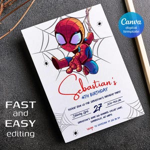 Inbjudan till superhjältefödelsedag: Spidey Friends-festinbjudan (5x7 Canva-mall - digital nedladdning)