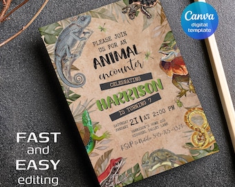 May include: A brown invitation with green and brown foliage and illustrations of various animals. The text reads "Please join us for an animal encounter celebrating Harrison is turning 7. Saturday January 21 at 2:00 PM Harrison's Home 202 Highheel Valley Lane RSVP to Natalie 345-765-4321"