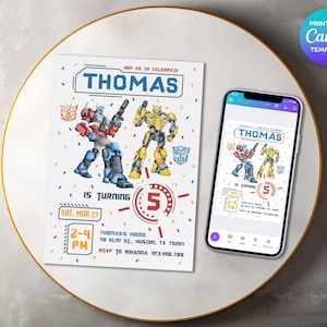 Utskrivbar födelsedagsinbjudan för Rescue Bots: Transformers-fest (Canva-mall)