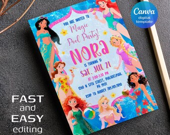 May include: A vibrant pool party invitation with cartoon characters in swimwear. The invitation text includes "Magic Pool Party!" and the name "Nora", along with the date, time, and location. The Canva digital template is also visible.