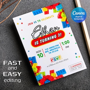 May include: A white birthday invitation with colourful building block accents. The invitation reads "Ethan is turning 7!" with event details. The Canva digital template is easy to edit.