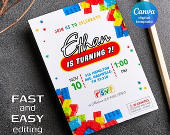 Building Blocks Party Invitation Template: Editable DIY Design (5x7 in, Digital Download)