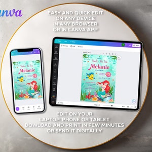 Pu&ograve; includere: Un design di invito digitale visualizzato su uno smartphone e un tablet. L'invito presenta un tema sirena con il testo "Under The Sea" e "Melanie". Il logo Canva &egrave; visibile. Il testo sull'immagine recita: "Modifica facile e veloce su qualsiasi dispositivo in qualsiasi browser o nell'app Canva."