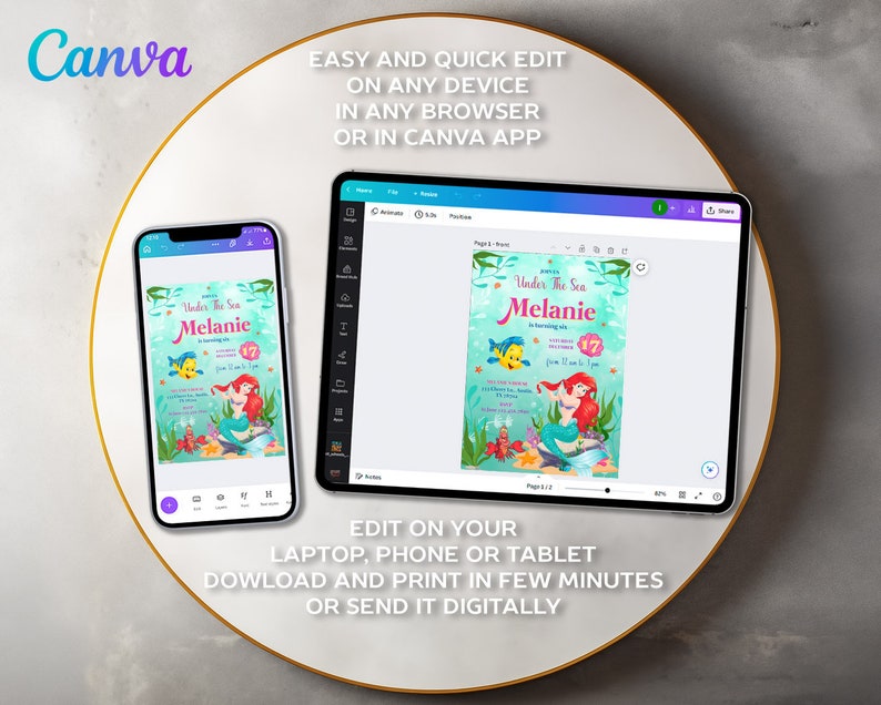 Pu&ograve; includere: Un design di invito digitale visualizzato su uno smartphone e un tablet. L'invito presenta un tema sirena con il testo "Under The Sea" e "Melanie". Il logo Canva &egrave; visibile. Il testo sull'immagine recita: "Modifica facile e veloce su qualsiasi dispositivo in qualsiasi browser o nell'app Canva."