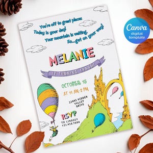 May include: A whimsical birthday invitation with the name "Melanie" in colorful letters. The invitation features a Dr. Seuss-inspired illustration of a hot air balloon, whimsical buildings, and the text "18 Turning Three!" and "RSVP".