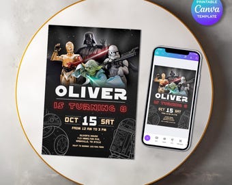 May include: A Star Wars-themed birthday party invitation featuring characters like Darth Vader, Yoda, and a Stormtrooper. The invitation on a white plate includes the text "OLIVER IS TURNING 8" and event details. A smartphone displays the same design.