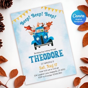 May include: A blue birthday invitation featuring a cartoon truck filled with farm animals. The text "Beep! Beep! Beep!" is at the top, with the name "THEODORE" in large blue letters. The invitation includes event details.