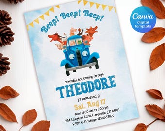 Blue Truck Farm Animals Birthday Invitation Template (5x7 Digital Download