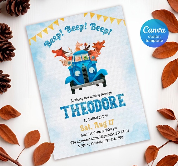 Blue Truck Farm Animals Birthday Invitation Template (5x7 Digital Download
