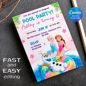 Op de afbeelding: Een kleurrijke zwembadfeestuitnodiging met de tekst "POOL PARTY! Ashley wordt 6!" en illustraties van personages. De uitnodiging bevat RSVP-informatie en het Canva digitale sjabloonlogo.