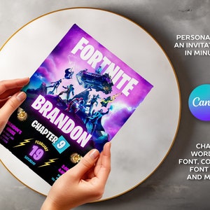 May include: A Fortnite party invitation with a purple and blue design. The invitation features the name "Brandon", the text "Chapter 9", and the date "February 19". The Canva logo is visible, along with text that says "Personalise an invitation in minutes".