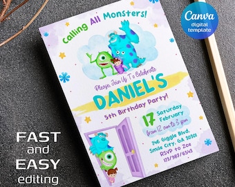 May include: A colorful invitation for Daniel's 5th birthday party, featuring cartoon monsters. The invitation includes the text "Calling All Monsters!" and details such as the date, time, and location. The Canva digital template is easy to edit.