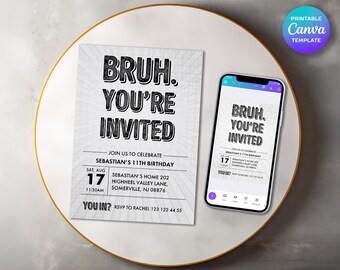 Printable Bruh Birthday Invitation: Teen Gamer Party (Canva Template)