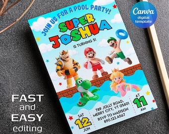 Super Mario Birthday Invitation: Pool Party, Editable Template (Digital Download 5x7" Canva Template)