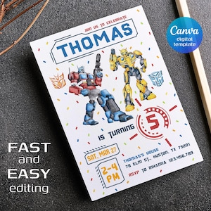 Peut inclure: Une invitation d'anniversaire avec une illustration de deux robots Transformers, l'un rouge et l'autre jaune. L'invitation est pour le 5ème anniversaire de Thomas, avec la date, l'heure et le lieu indiqués. Le texte "Rejoignez-nous pour célébrer Thomas" est en haut de l'invitation.