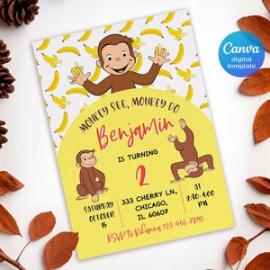 May include: A birthday party invitation featuring a cartoon monkey and banana pattern. The invitation has the text "Monkey See, Monkey Do" and the name "Benjamin" with the number "2". Includes event details: date, time, and location.