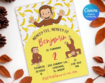 Könnte beinhalten: Eine Geburtstagseinladung mit einem Cartoon-Affen und Bananenmuster. Die Einladung trägt den Text "Monkey See, Monkey Do" und den Namen "Benjamin" mit der Zahl "2". Enthält Veranstaltungsdetails: Datum, Uhrzeit und Ort.