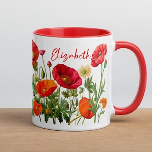 Gepersonaliseerd cadeau voor vrouw: mok rode klaproos, gepersonaliseerd moederdagcadeau, koffiekopje hortensia, Hortensia-mok met naam voor vriend, oma, werk