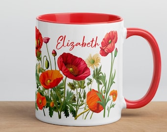 Personalized Gift for Woman: Red Poppy Mug, Custom Mothers Day Gift, Hydrangea Coffee Cup, Hortensia Mug with Name for Friend, Grandma, Work