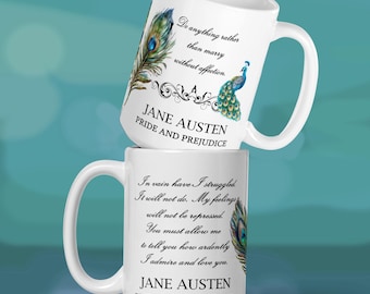Pride and Prejudice Mug: Mr. Darcy quote, Jane Austen bookish gift, cute bookworm gift with peacock, romantic tea cup for book lovers