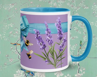 Lavender Bee Mug: Lilac Ceramic Tea Mug, Regency Gift, Purple Floral Mug, Cottagecore Gift with Bee, Botanical Coffee Cup