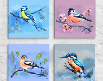 Bird Canvas Print: Bird artwork, Bird wall art, Minimalistic artwork kingfisher, blue tit, bullfinch, chaffinch, Modern canvas print