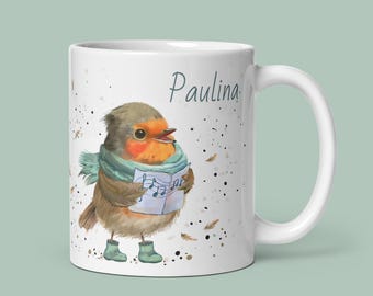 Personalisierte Rotkehlchen Tasse: Individuelle Tasse im Wrendale Design Stil, Rotkehlchen Geschenk, Wrendale inspirierte niedliche Kaffeetasse, Wintervogel Tasse mit Namen