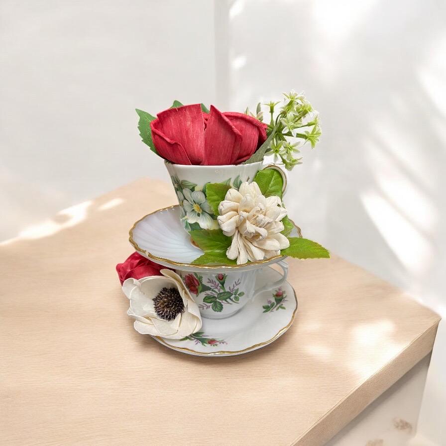 Double Stacked Teacup Flower Creation, Multiple Styles Available, Wood ...