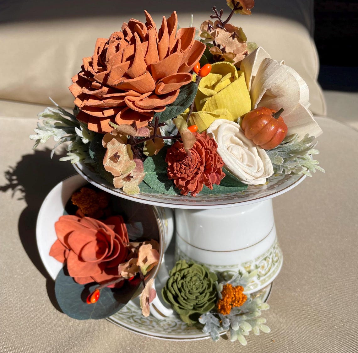Fall Inspired Stacked Teacup Flower Arrangement, Wood Flowers ...