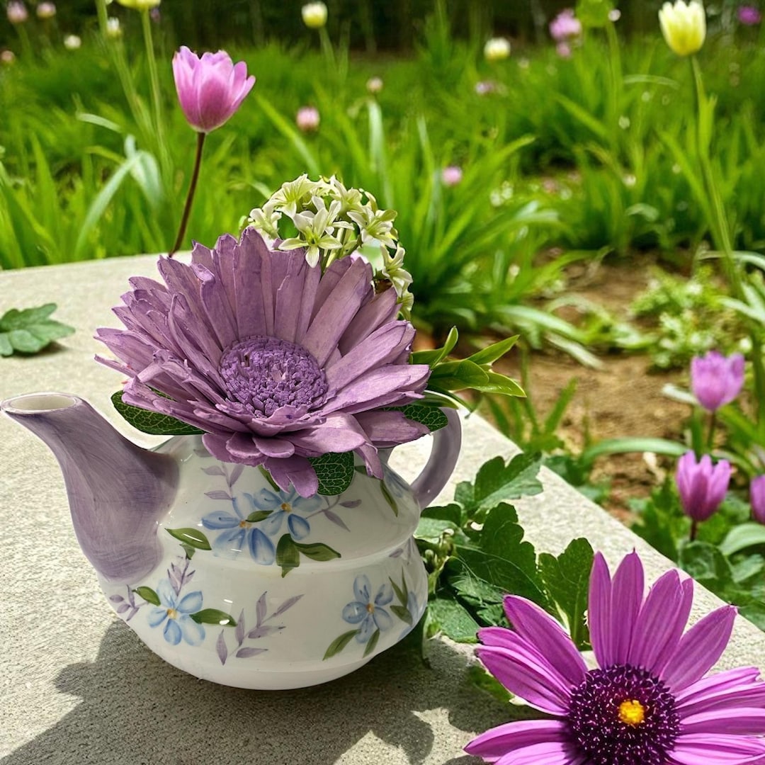 Small Teapot Floral Arrangement, Hand-painted Wood Flowers - Etsy