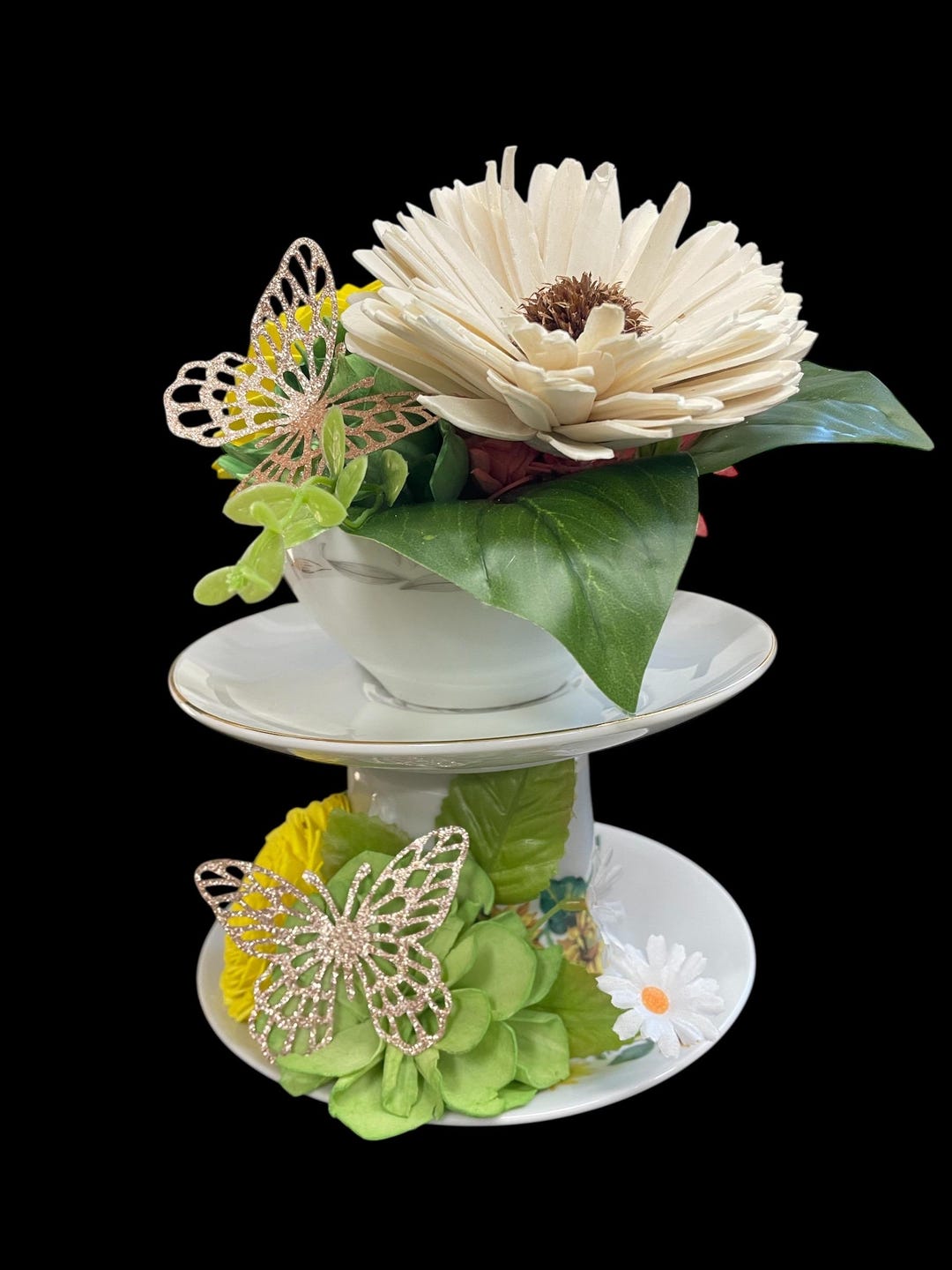 Double Stacked Teacup Flower Creation, Multiple Styles Available, Wood ...
