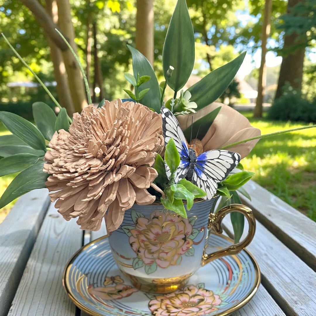 Sola Wood Flower Teacup Arrangement, Gold Detailing, Tea Party Decor - Etsy