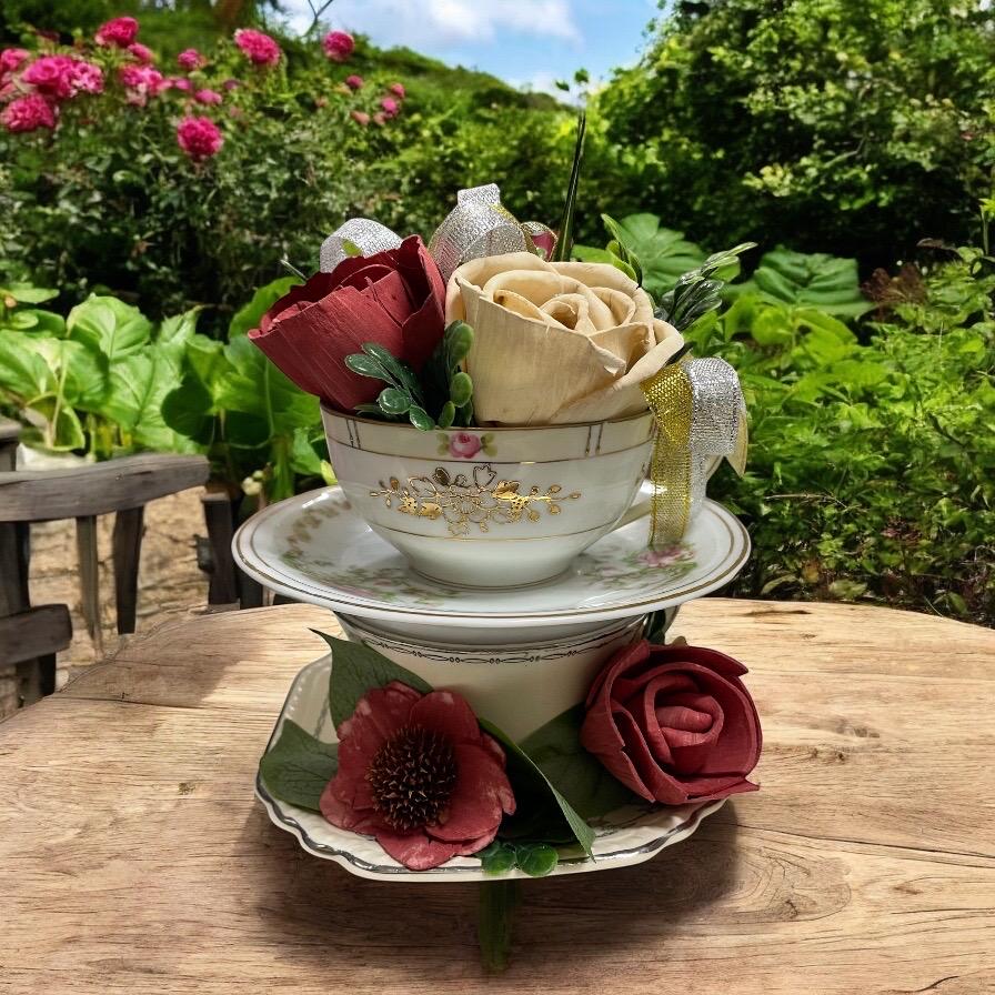 Double Stacked Teacup Flower Creation, Multiple Styles Available, Wood ...