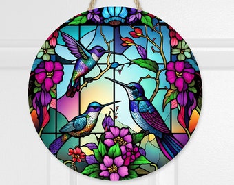 Door Hanger, Hummingbird FAUX Stained Glass 10" Round Wall Hanging, MDF Wall Decor, Hummingbird Door Hanger, Handmade Hummingbird Door Decor