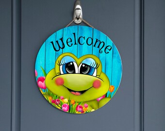 Frog Door Hanger, Welcome Wall Hanging, Round Door Hanger, Handmade MDF Frog Wall Decor, INDOOR Use, Welcome Summer Wall Decor