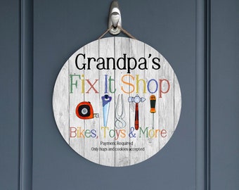 Door Hanger, Wall Hanging, Personalized Grandpa's Fix It Shop Door Decor, Handmade MDF Grandpa Wall Decor, Grandpa Gift, 10" Round Decor