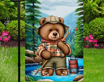 Bear Fishing Garden Flag, Garden Flag for Dad, Grandpa Gift, Welcome Flag, Daddy Bear Fishing, 12x18 Flag, Cute Bear Fishing Flag