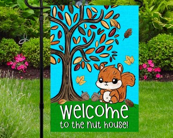 Garden Flag, Squirrel Yard Flag, Nut House, Welcome Yard Decor, Sublimated Double-Sided Garden Flag, Handmade Garden Flag, Cute Squirrel