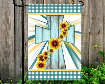 Cross Garden Flag, Cross with Sunflowers Yard Flag, Handmade White Garden Flag, Garden Decor, Cross Yard Decor, Garden Display Flag