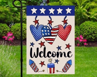 Garden Flag, Welcome Patriotic Yard Flag, American Flag, 4th of July Yard Decor, Hearts and Fireworks Flag, Red White and Blue Garden Flag