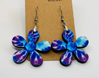Tye Dye Flower MDF Earrings, Hippie Earrings, MDF Wood Earrings, Dangle Earrings, Single Sided Earrings, Flower Earrings