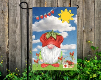 Gnome Garden Flag, Strawberry Yard Flag, White Garden Flag, Gnome Flag, Summer Flag, Gnome with Strawberries Yard Art Flag, Handmade Flag