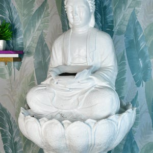 Sowpeace White Buddha Water Fountain – 64cm Resin Tabletop Waterfall Decor | Elegant Sitting Buddha Statuesque Accent | Tranquil Gift