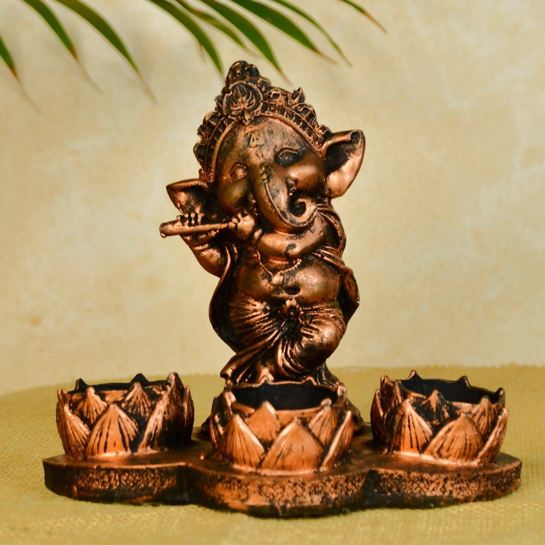 Sowpeace ガネーシャ キャンドルホルダー – 17 cm ゴールデン樹脂製